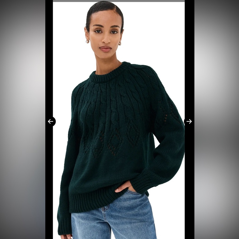 A.L.C. Dark Green Cable Knit Crewneck Sweater Merino Wool